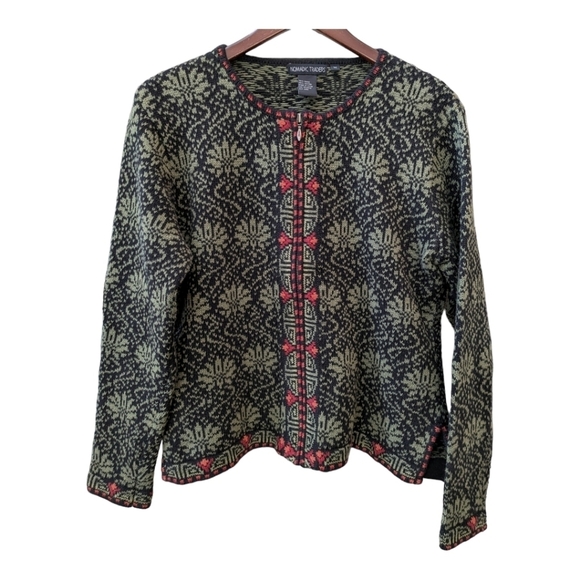 Nomadic Traders full zip Nordic cardigan sweater size medium black green - Picture 1 of 6